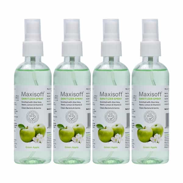 Maxisoft Green Apple Sanitizer Spray | Aloe Vera Neem & Vitamin E (120 Ml Pack Of 4)