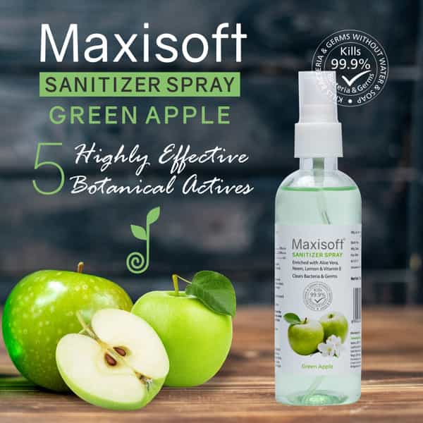 Maxisoft Green Apple Sanitizer Spray | Aloe Vera Neem & Vitamin E (120 Ml Pack Of 4)
