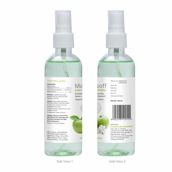 Maxisoft Green Apple Sanitizer Spray | Aloe Vera Neem & Vitamin E (120 Ml Pack Of 4)