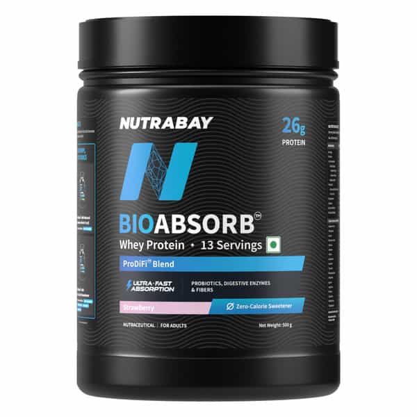 Nutrabay Bioabsorb Whey Protein Powder | Prodifi Blend | 26G Per Scoop | Strawberry - 500G