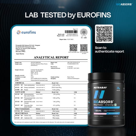 Nutrabay Bioabsorb Whey Protein Powder | Prodifi Blend | 26g Per Scoop | Strawberry - 500g