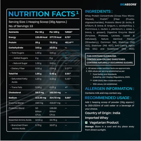Nutrabay Bioabsorb Whey Protein Powder | Prodifi Blend | 26g Per Scoop | Strawberry - 500g