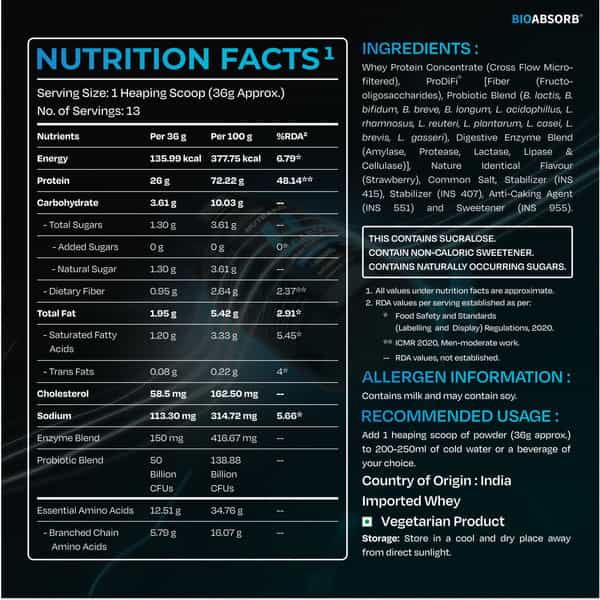 Nutrabay Bioabsorb Whey Protein Powder | Prodifi Blend | 26G Per Scoop | Strawberry - 500G