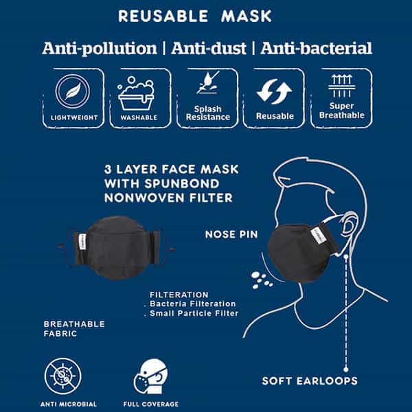 Carriall Adult Unisex 3 Layer Reusable Washable Cotton Mask (Camsl081) Pack Of 3