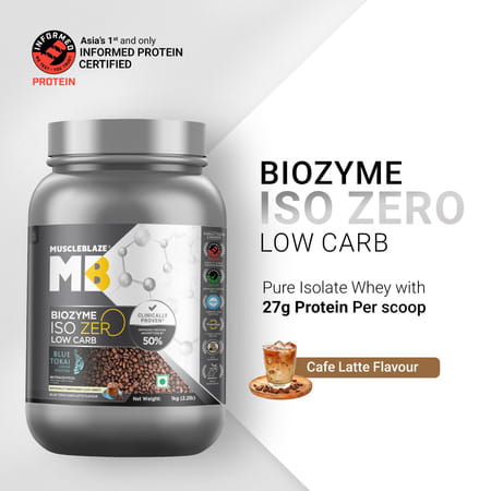 Muscleblaze Biozyme Iso-Zero | Low Carb Whey Protein Isolate (Blue Tokai Cafe Latte | 1kg)