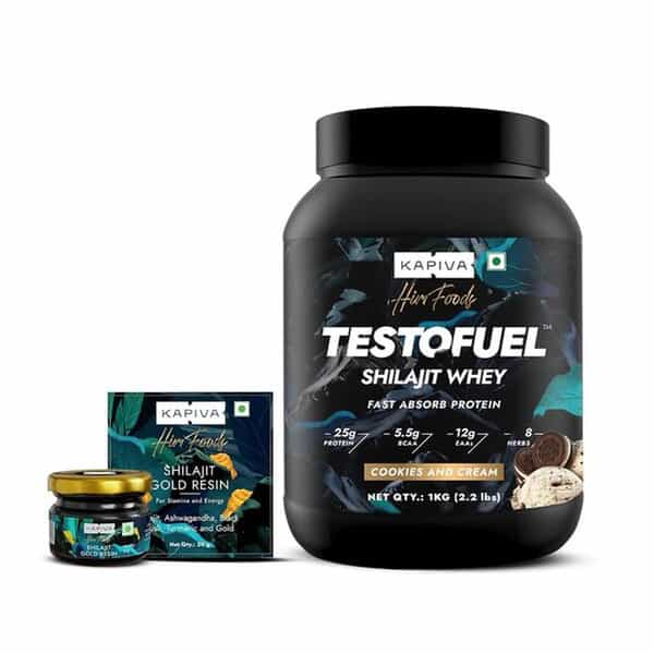 Kapiva Him Foods - Shilajit Gold Resin 20Gm + Testofuel Shilajit Whey-1Kg Cookies And Cream