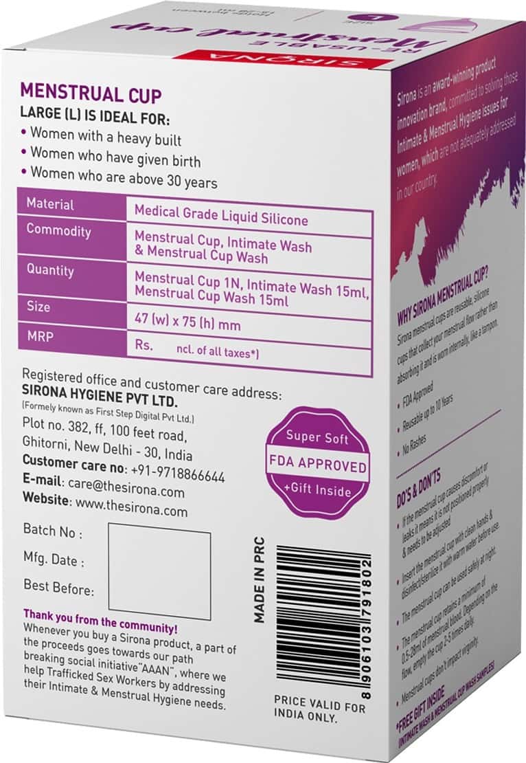 Buy SIRONA PRO SUPER SOFT REUSABLE FDA APPROVED MENSTRUAL CUP LARGE