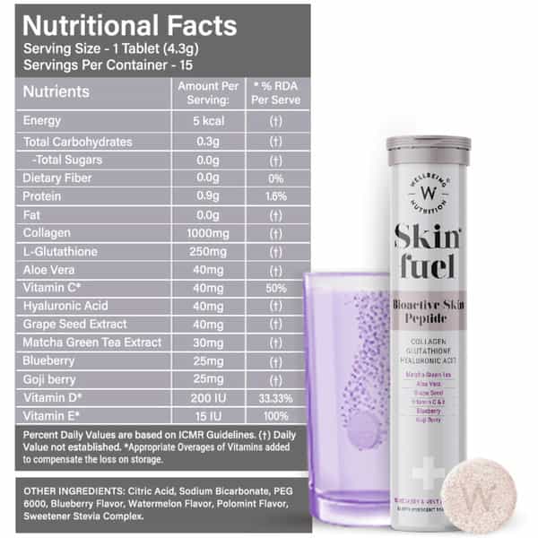 Wellbeing Nutrition Skin Fuel Japanese Collagen | L-Glutathione | Hyaluronic Acid For Skin - 90 Tabs