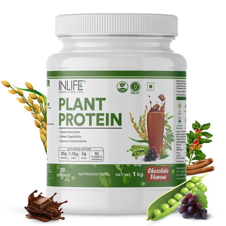 Inlife Plant Protein Powder - Pea | Quinoa & Brown Rice - 25g Protein (Chocolate | 1kg)