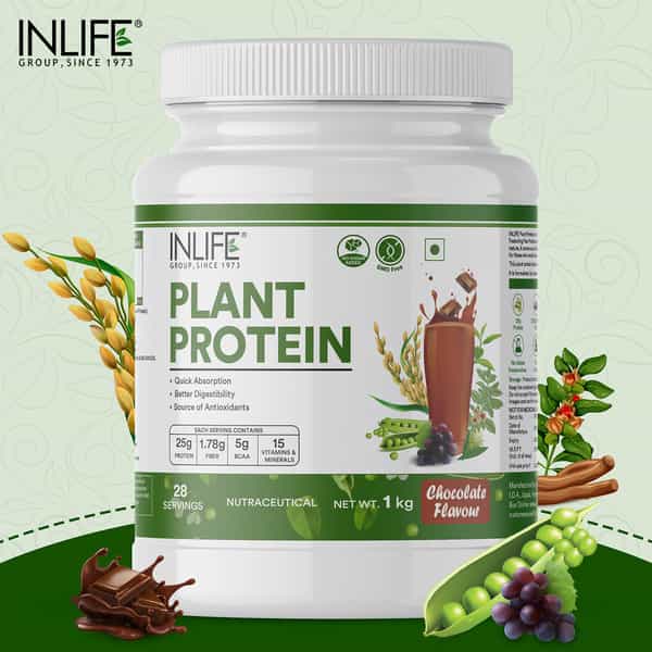 Inlife Plant Protein Powder - Pea | Quinoa & Brown Rice - 25G Protein (Chocolate | 1Kg)
