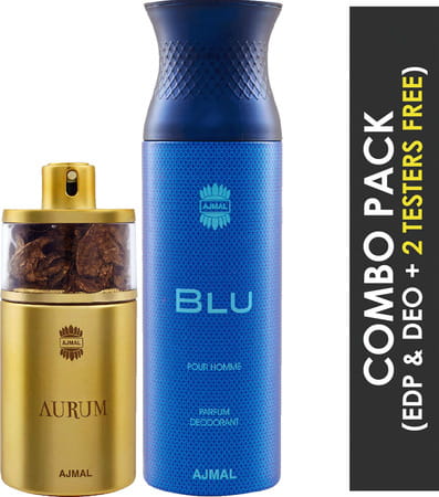 Ajmal Aurum Eau De Parfum 75ml Perfume For Women And Blu Homme Deodorant 200ml For Men