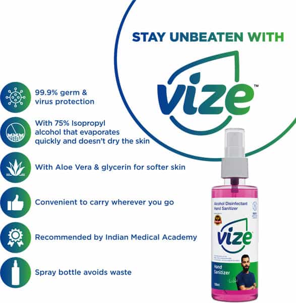 Vize Hand Sanitizer With 70% Isopropyl Alcohol Ip - 100 Ml Gel & Spray (Pack Of 6)