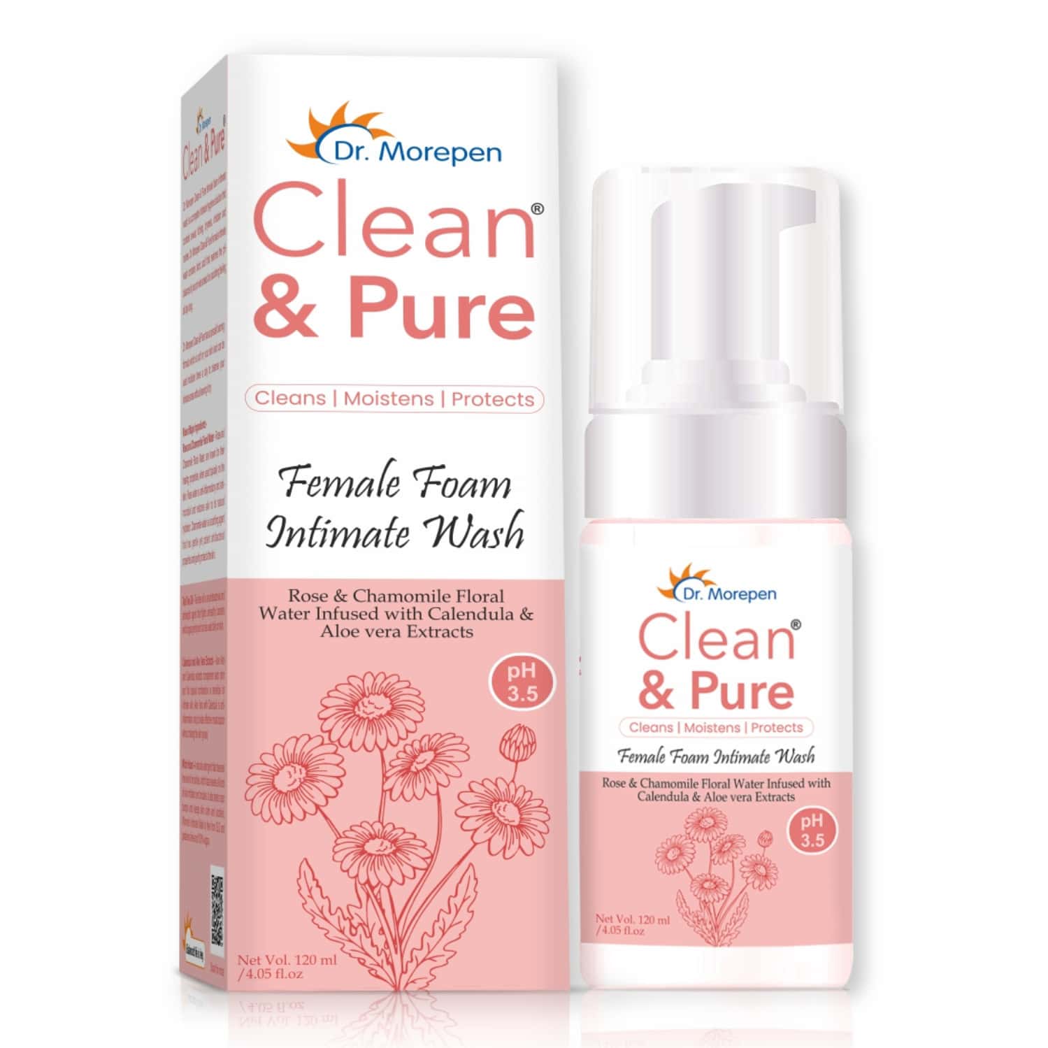 Dr. Morepen Clean & Pure Ph 3.5 Intimate Foam Wash | Women | Rose & Chamomile Floral Water | 120 Ml