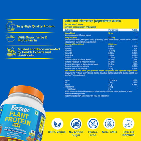 Fast&Up Plant Protein For Man Vegan Protein Drink For Man - Chocolate Flavor-27 Servings