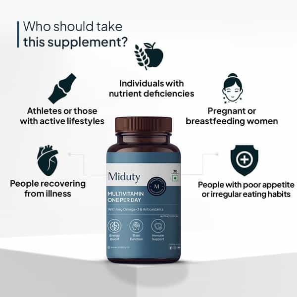 Miduty Multivitamin One Per Day-Multimineral Supplement-Omega 3-Magnesium-Vegetarian-30 Capsules