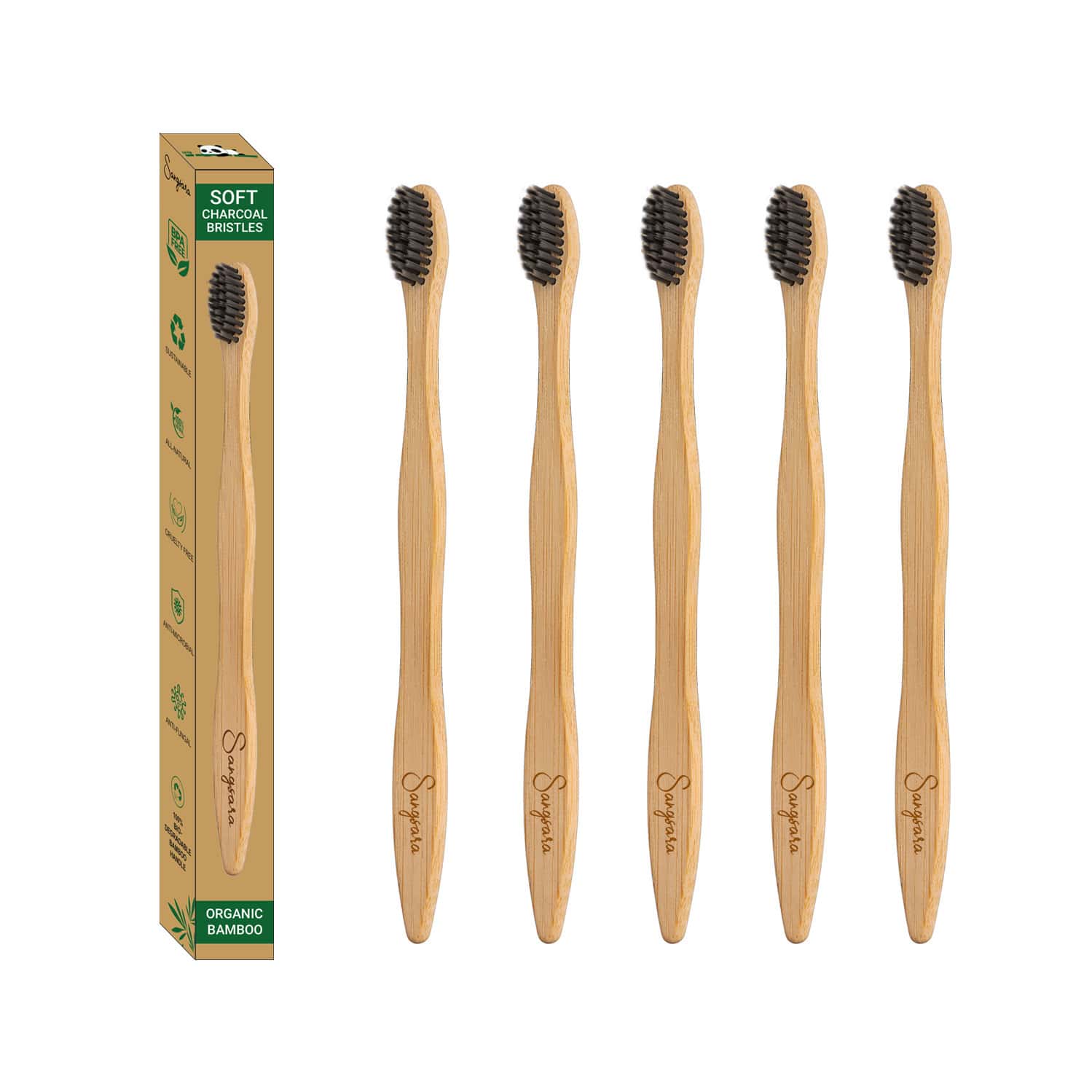 Sangsara By Dr. Odin Bamboo Toothbrush 100% Biodegradable Natural Black Pack Of 5