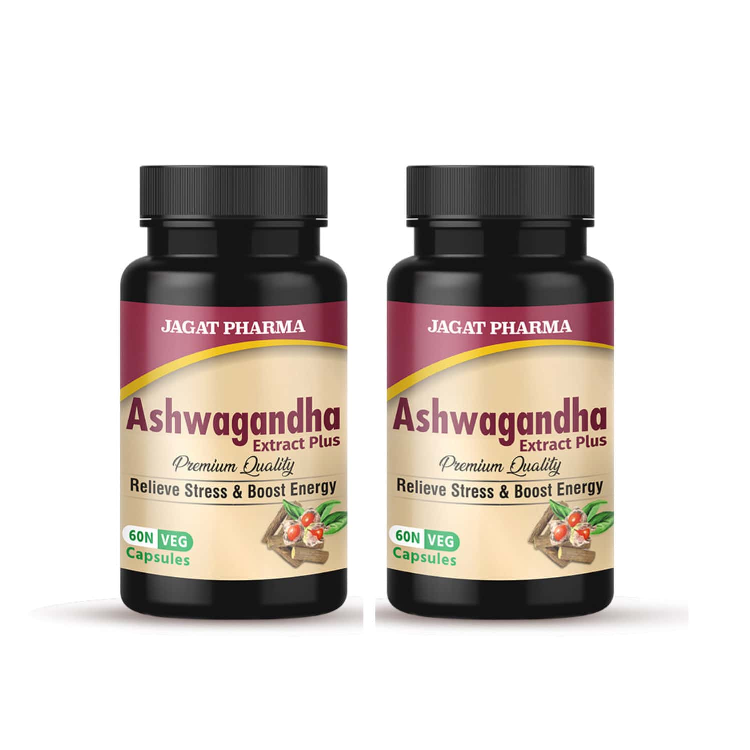 Jagat Pharma Ashwagandha Capsule | Helps Relieve Stress And Anxiety 60 Veg Caps Pack- 2