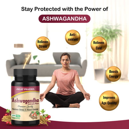 Jagat Pharma Ashwagandha Capsule | Helps Relieve Stress And Anxiety 60 Veg Caps Pack- 2