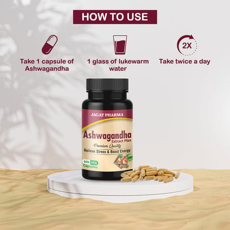 Jagat Pharma Ashwagandha Capsule | Helps Relieve Stress And Anxiety 60 Veg Caps Pack- 2