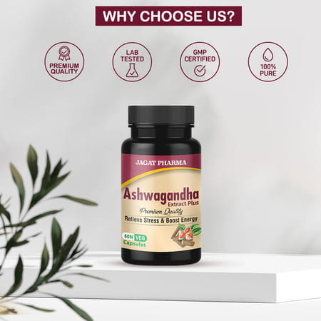 Jagat Pharma Ashwagandha Capsule | Helps Relieve Stress And Anxiety 60 Veg Caps Pack- 2