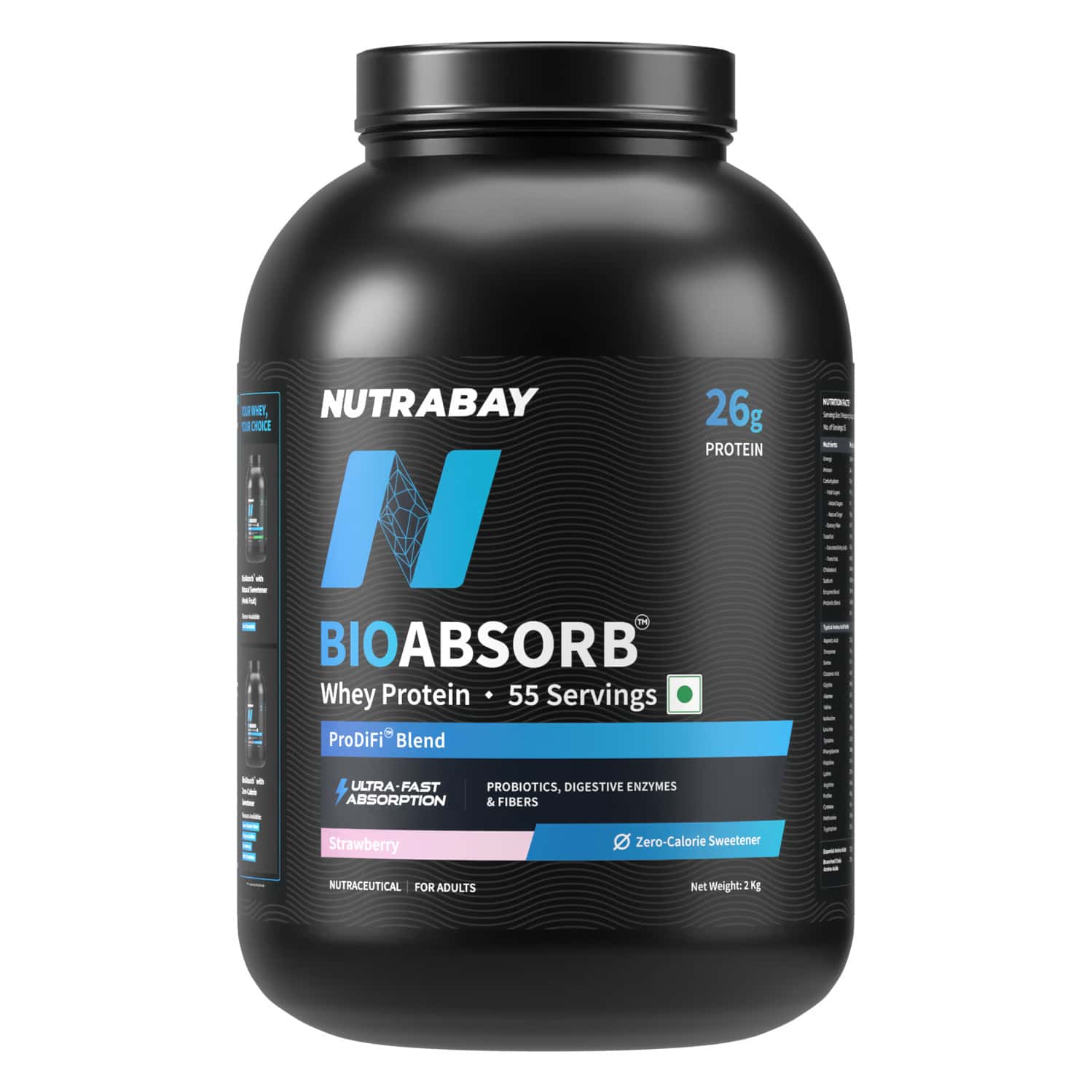 Nutrabay Bioabsorb Whey Protein Powder | Prodifi Blend | 26g Per Scoop | Strawberry - 2kg
