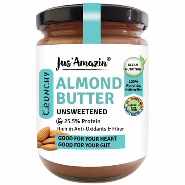 Jus Amazin Crunchy Almond Butter - Unsweetened (500G)|Clean Nutrition|100% Almonds |Dairy Free