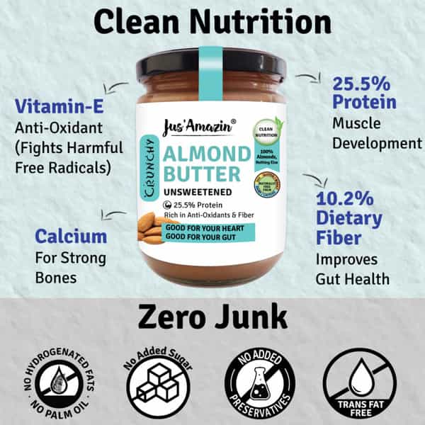 Jus Amazin Crunchy Almond Butter - Unsweetened (500G)|Clean Nutrition|100% Almonds |Dairy Free
