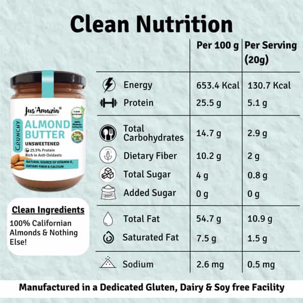 Jus Amazin Crunchy Almond Butter - Unsweetened (500G)|Clean Nutrition|100% Almonds |Dairy Free