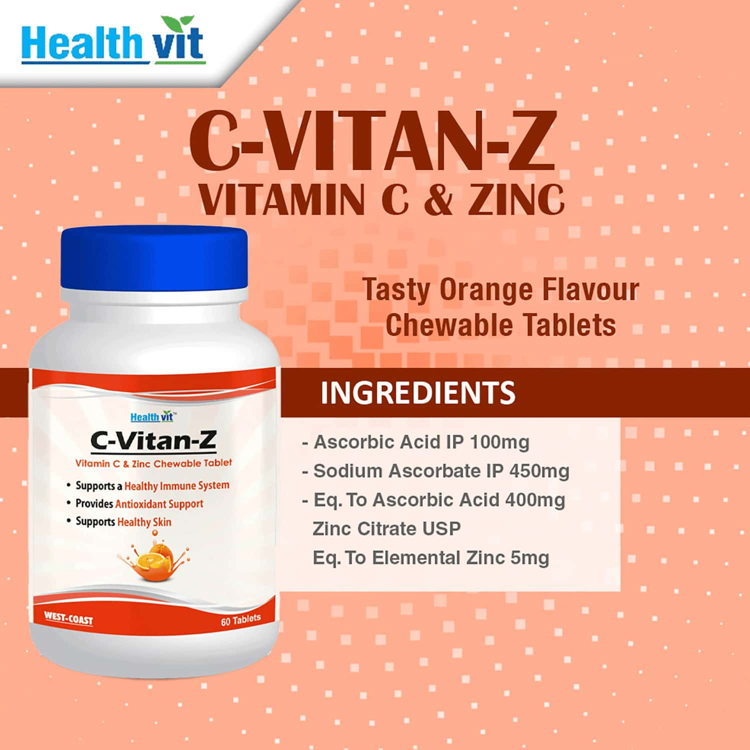 Healthvit C-Vitan-Z Vitamin C 500mg And Zinc 60 Chewable Tablets (Pack Of 2)