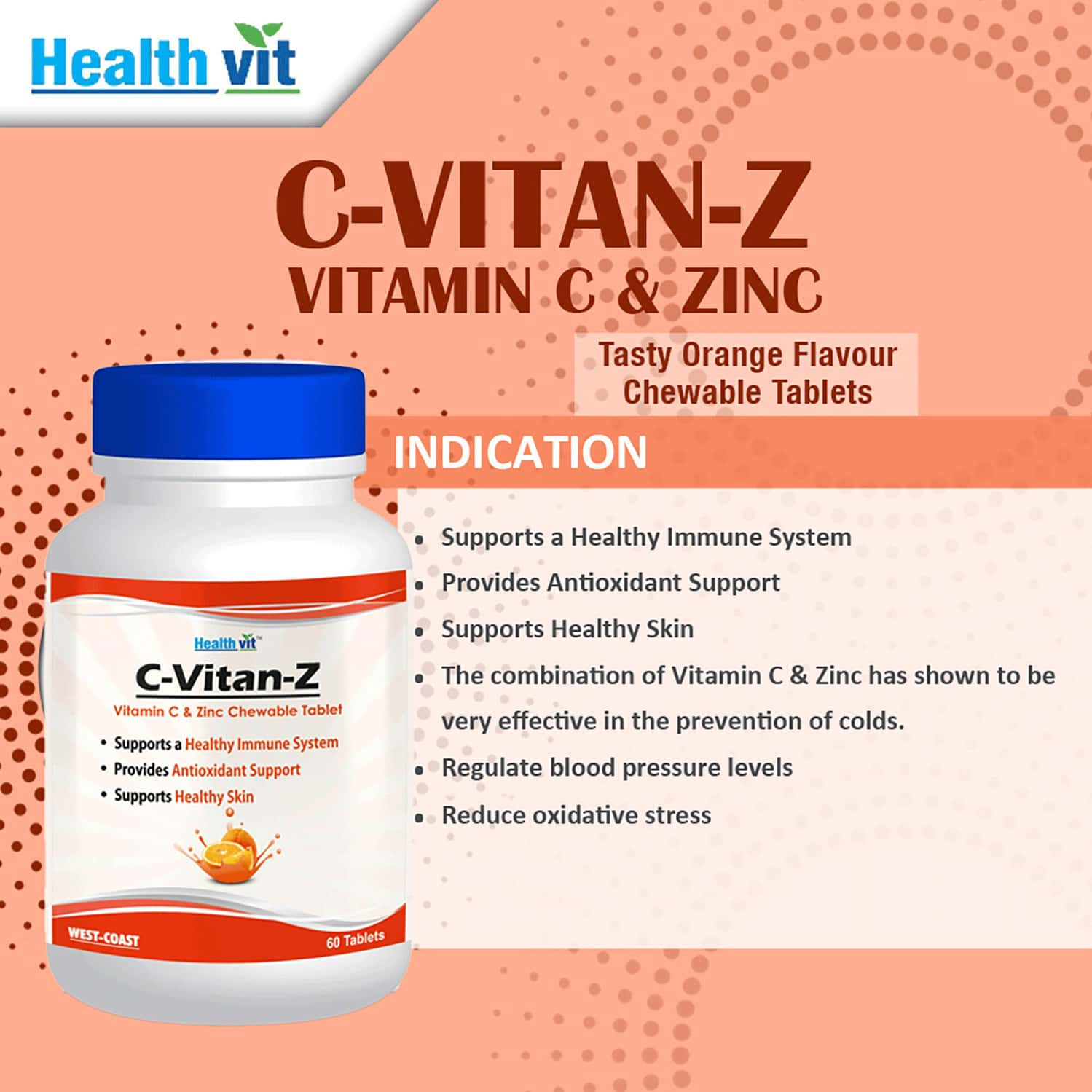 Healthvit C-Vitan-Z Vitamin C 500mg And Zinc 60 Chewable Tablets (Pack Of 2)