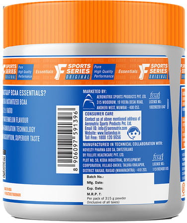 Fast&Up Bcaa Essentials (Watermelon) Pre/Post Workout & Intra Workout Supplement 45 Servings- 315g