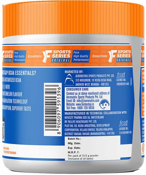 Fast&Up Bcaa Essentials (Watermelon) Pre/Post Workout & Intra Workout Supplement 45 Servings- 315G