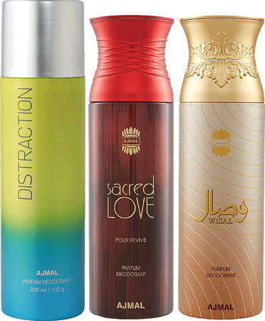 Ajmal 1 Distraction For Unisex 1 Sacred Love For Women 1wisal For Women Deo Combo Pack Of 3- 600ml
