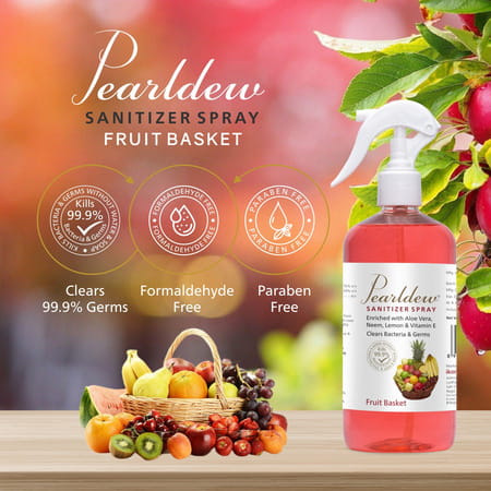Pearldew Sanitizer Spray (Fruit Basket) 500 Ml | Aloe & Neem | Paraben Free (Pack Of 4)