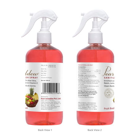 Pearldew Sanitizer Spray (Fruit Basket) 500 Ml | Aloe & Neem | Paraben Free (Pack Of 4)