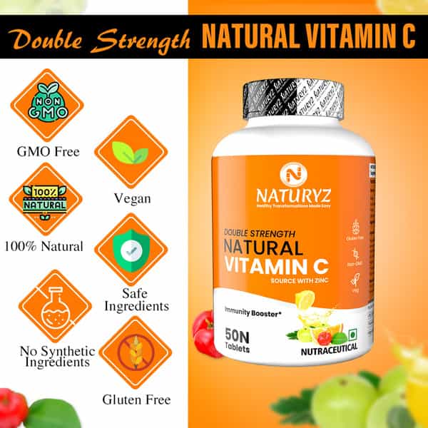 Naturyz Double Strength Natural Vitamin C With Zinc, Amla, Acerola, Citrus Bioflavonoids -50 Tablets