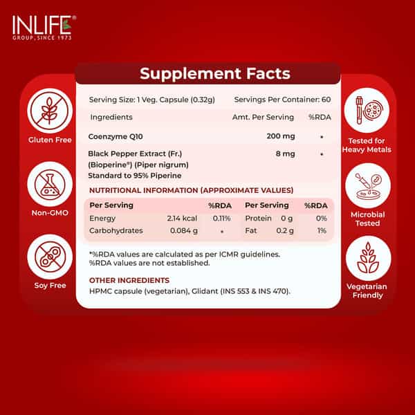 Inlife Coq10 200Mg With Piperine For Heart Health - 60 Capsules