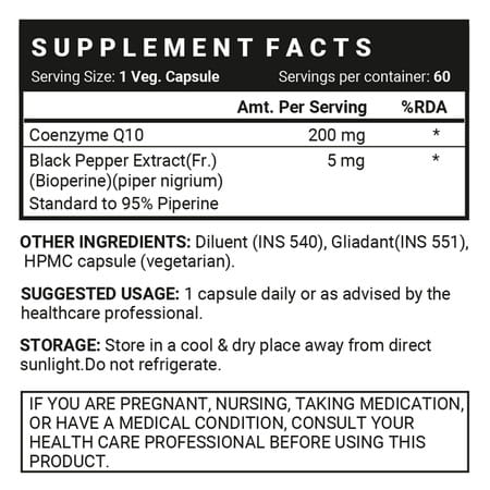 Inlife Coenzyme Q10 Coq10 200Mg With Bioperine (Piperine) 8Mg Supplement - 60 Vegetarian Capsules