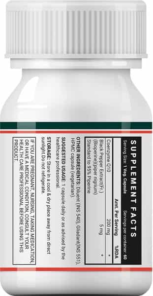 Inlife Coenzyme Q10 Coq10 200Mg With Bioperine (Piperine) 8Mg Supplement - 60 Vegetarian Capsules
