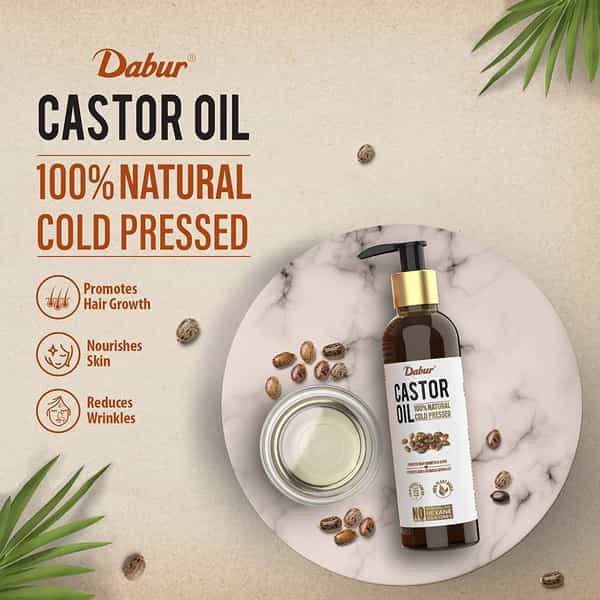 Dabur Castor Oil|100% Natural Cold Pressed Oil|Promotes Hair Growth | Reduces Wrinkles - 200Ml