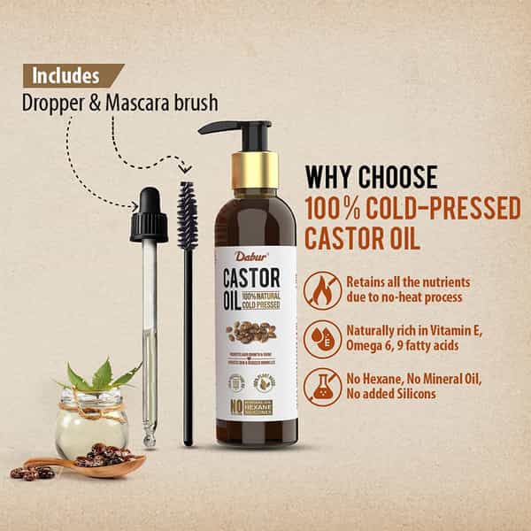 Dabur Castor Oil|100% Natural Cold Pressed Oil|Promotes Hair Growth | Reduces Wrinkles - 200Ml
