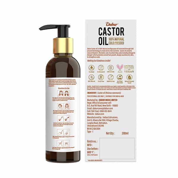 Dabur Castor Oil|100% Natural Cold Pressed Oil|Promotes Hair Growth | Reduces Wrinkles - 200Ml