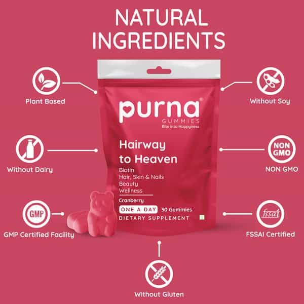 Purna Gummies 5000Mcg Biotin Cranberry Gummies With Vitamin B12 For Hair Skin & Nail 30 Gummies