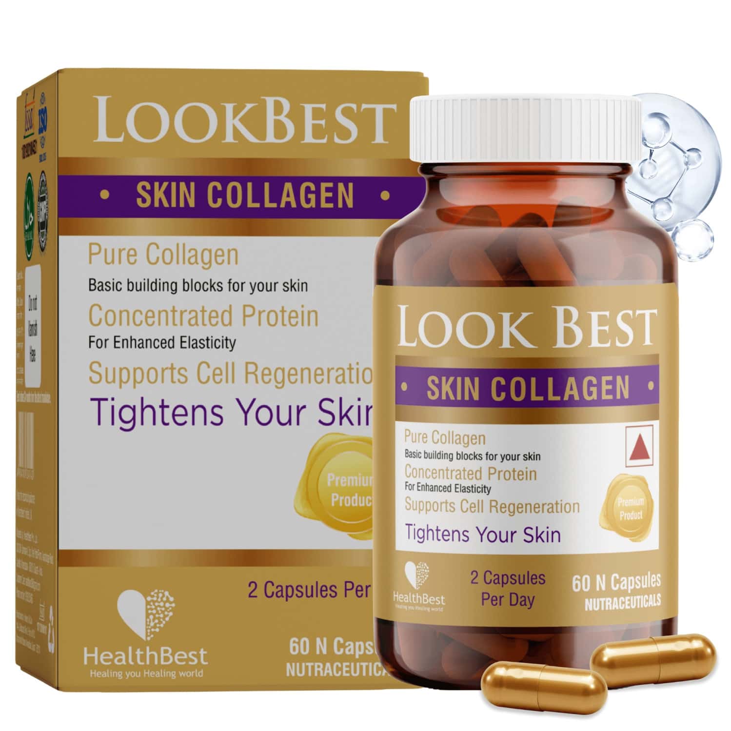 Healthbest Lookbest Skin Collagen Capsules|skin Care|skin Tightening|pure Collagen|60 Capsules