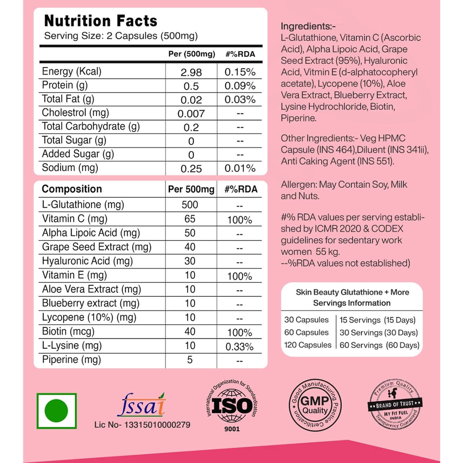 Buy MYFITFUEL SKIN BEAUTY GLUTATHIONE (60 CAPSULES) +LYCOPENE | VITAMIN C E | HYALURONIC