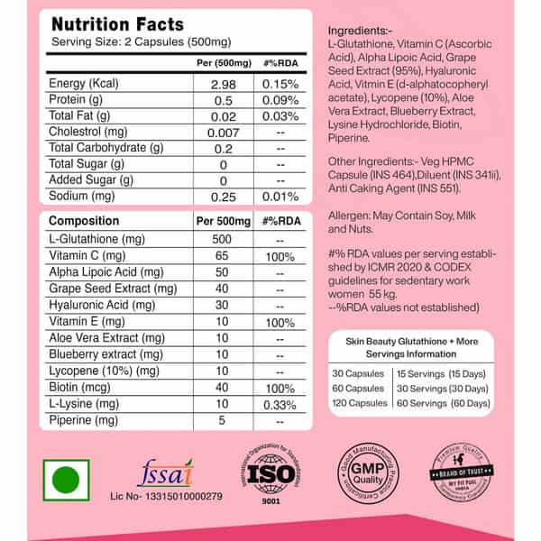 Myfitfuel Skin Beauty Glutathione (60 Capsules) +Lycopene | Vitamin C E | Hyaluronic | Biotin More