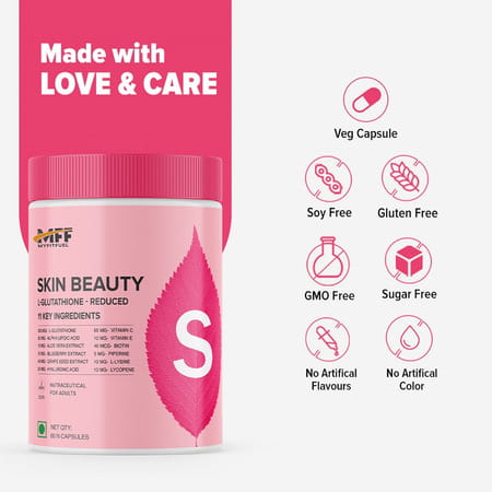 Myfitfuel Skin Beauty Glutathione (60 Capsules) +Lycopene | Vitamin C E | Hyaluronic | Biotin More
