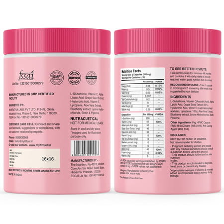 Myfitfuel Skin Beauty Glutathione (60 Capsules) +Lycopene | Vitamin C E | Hyaluronic | Biotin More