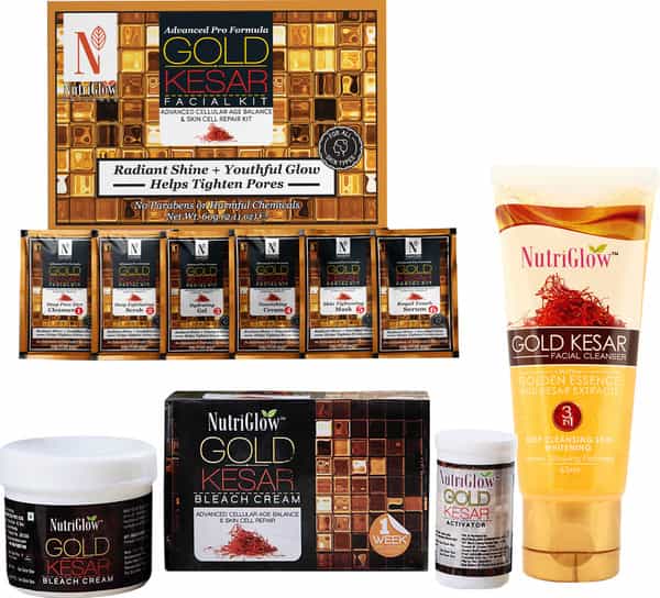 Nutriglow Natural's Set Gold Kesar Facial Kit (60Gm) Bleach (43Gm) & Face Wash (65Ml)