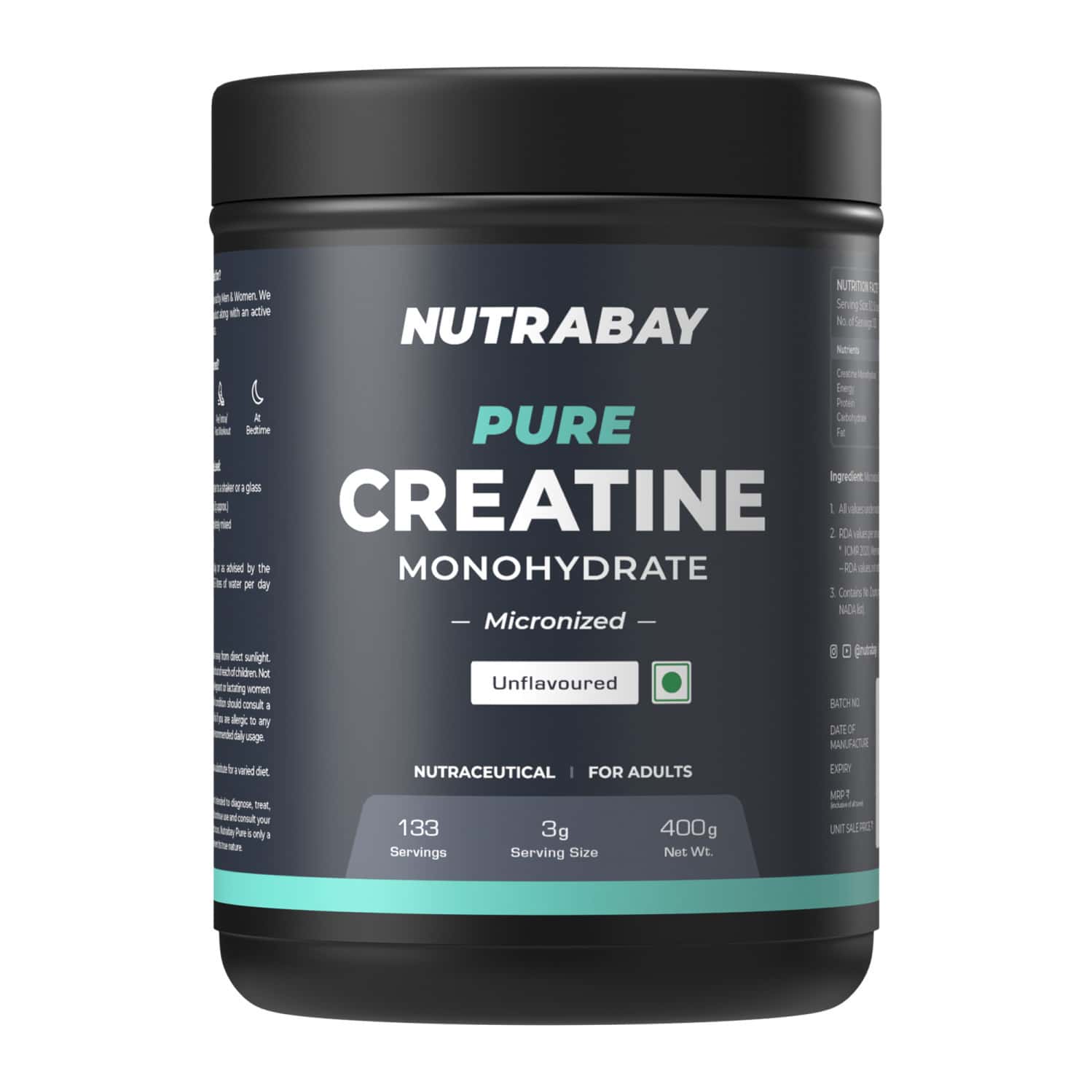 Nutrabay Pure Micronised Creatine Monohydrate Powder | Trustified Certified | 3g/serving - 400g